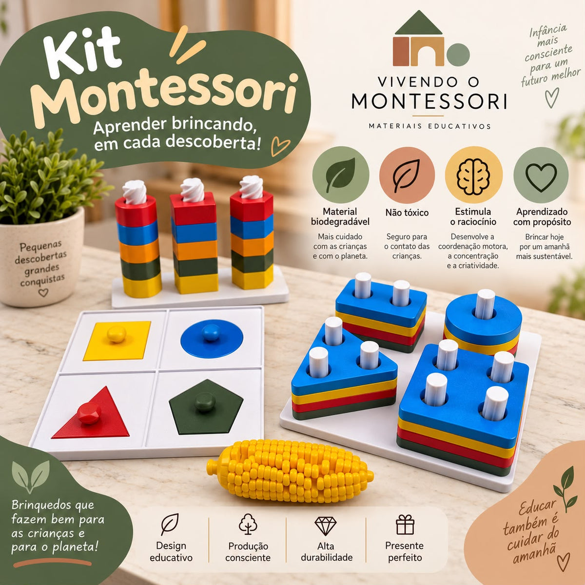 Kit Montessori com encaixes de formas geométricas, torre de cilindros coloridos e peças sensoriais